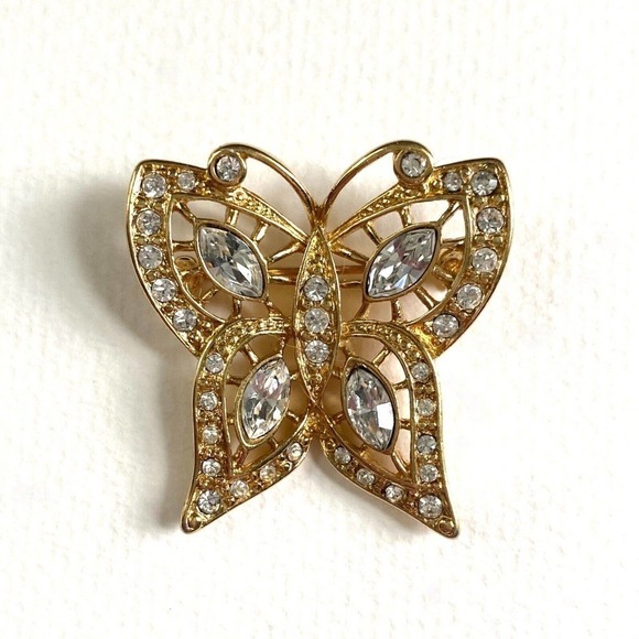 Vintage MONET Butterfly Gold Tone Rhinestones Brooch Pin Signed - Picture 4 of 4